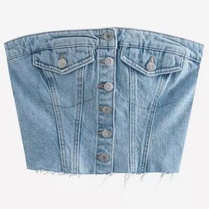 Button Up Denim Strapless Tube Top